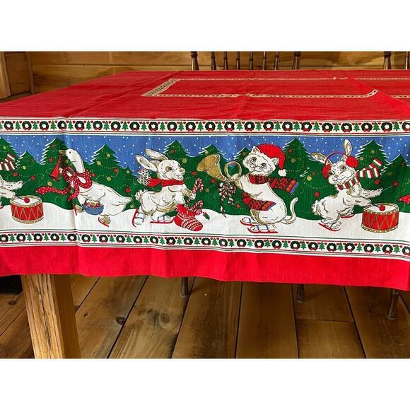 Vintage Christmas Tablecloth Animals Ice Skating Trees Winter Snow Cats 7x5 - Picture 1 of 5